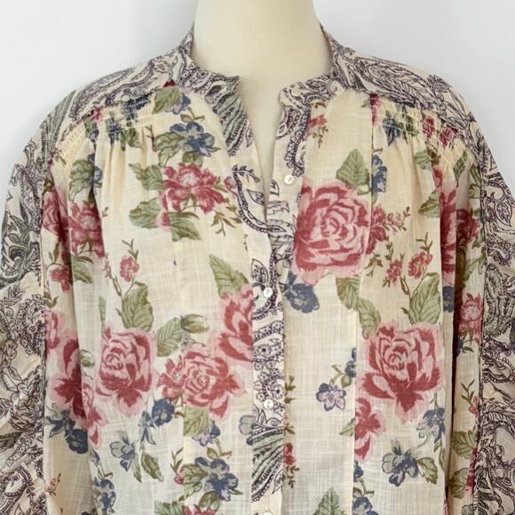Free People Maraya Floral-Print Puff-Sleeve Top Blouse Button Down Shirt L - Picture 4 of 11